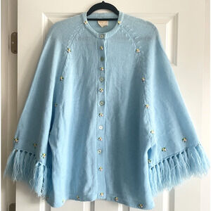 Vintage Glentex 60's Sweater Womens Cardigan Fringe Trim Floral Embroidery